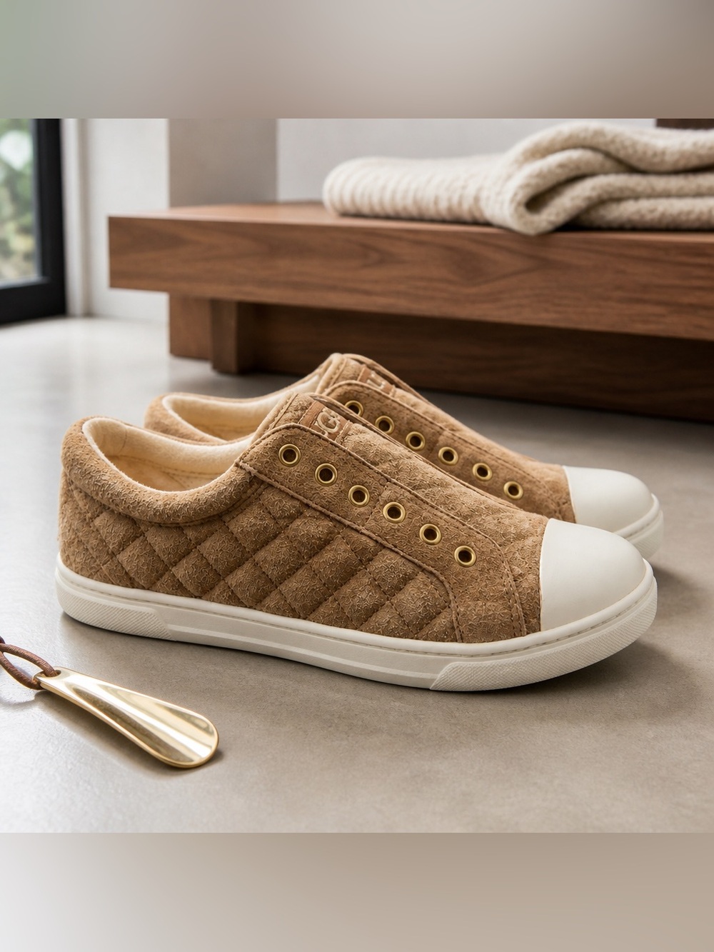 UGG Quilted Slip-On Sneakers in Tan with White Toe
